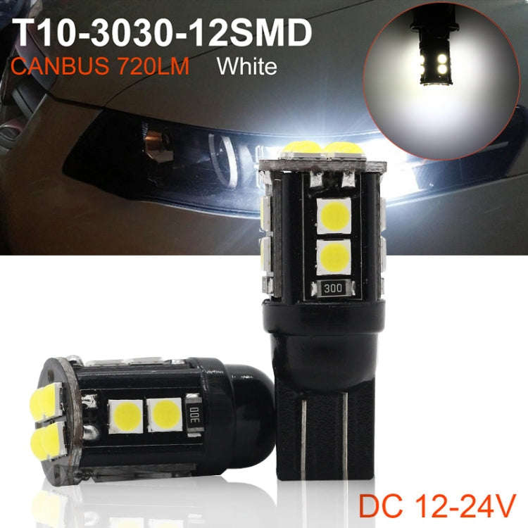 10 PCS T10/168/194 DC12V / 1W / 6000K / 60LM Car Decoding Clearance Lights with 12LEDs SMD-3030 L...