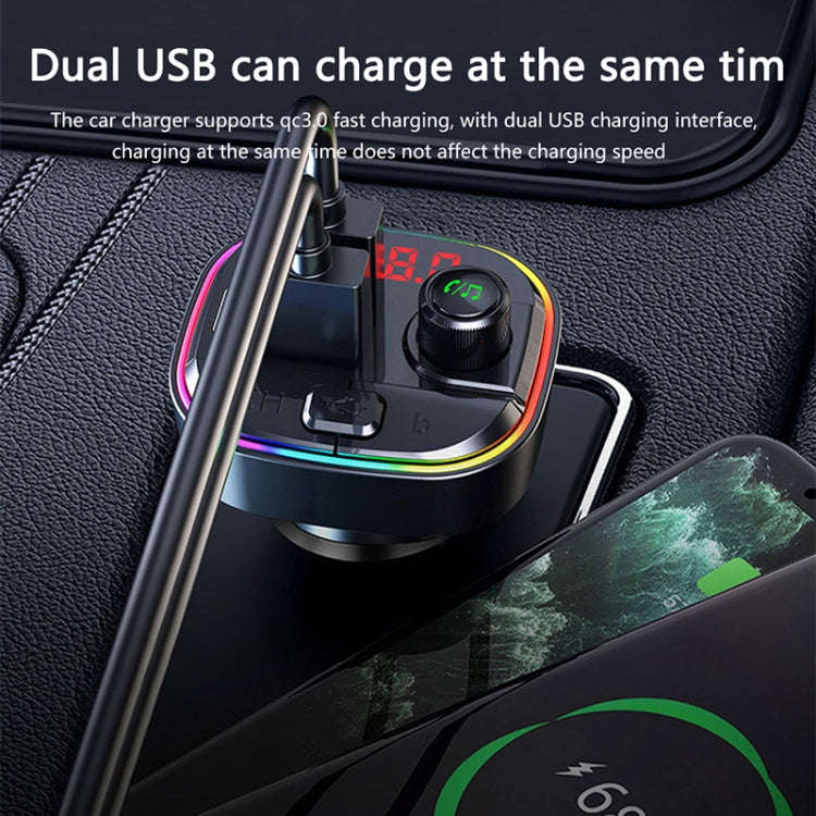C13 Multifunctional Car Dual USB PD Fast Charger Bluetooth FM Transmitter with Atmosphere Light, C13