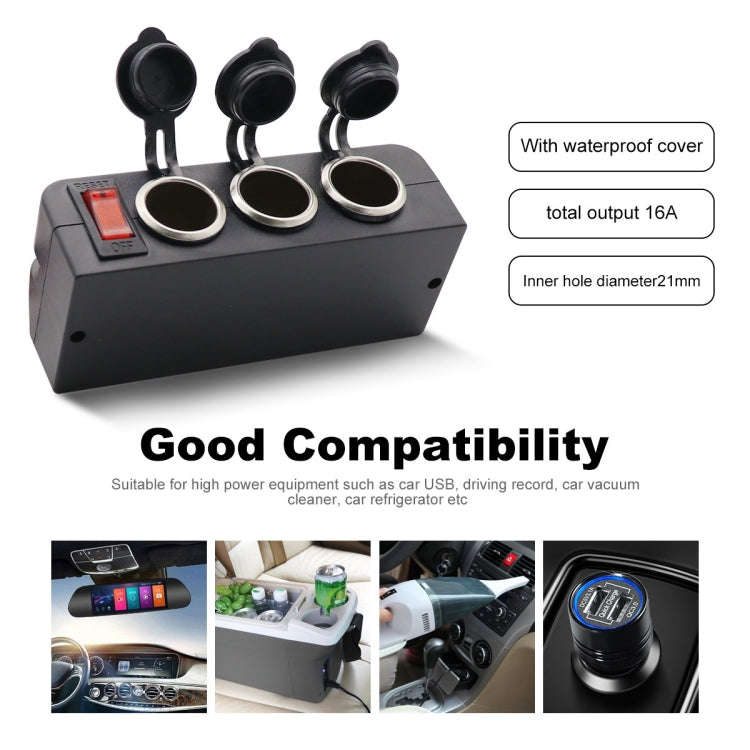3 in 1 12-24V 16A Car Cigarette Lighter Socket with Overload Protection Switch Control, 3 in 1 12...