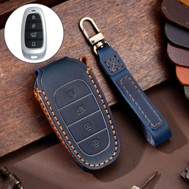 Hallmo Car Cowhide Leather Key Protective Cover Key Case for Hyundai 4-button Start, For Hyundai ...