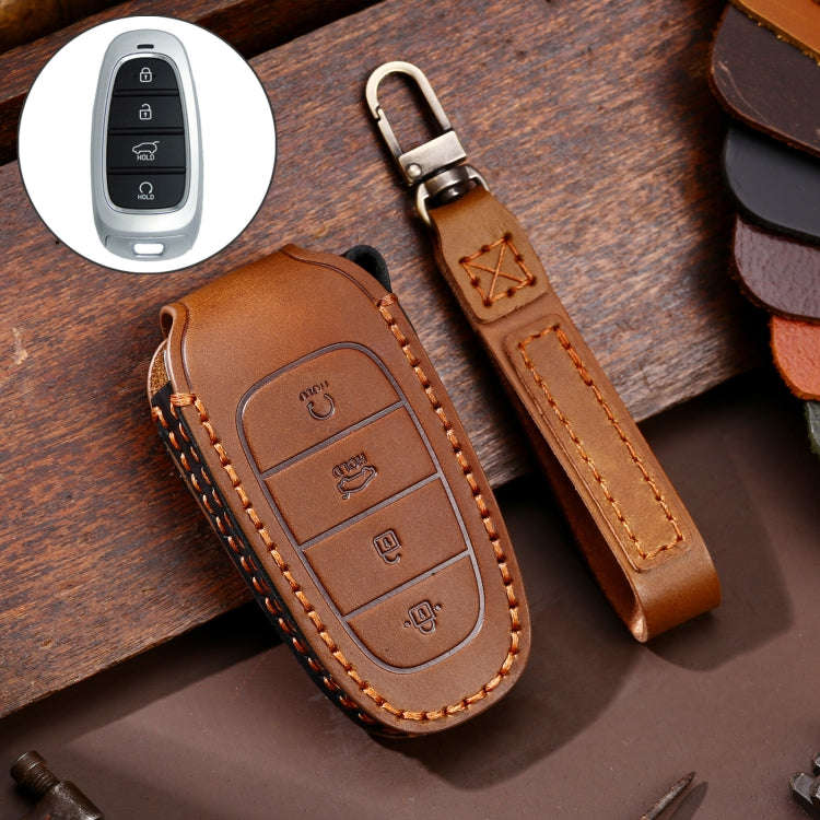 Hallmo Car Cowhide Leather Key Protective Cover Key Case for Hyundai 4-button Start, For Hyundai ...