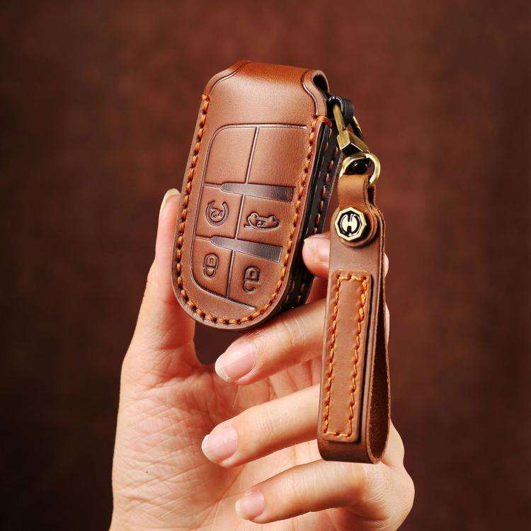 Hallmo Car Genuine Leather Key Protective Cover for Jeep Compass 4-button, For Jeep Compass 4-but...
