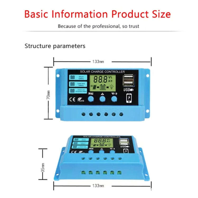 10A Solar Charge Controller 12V / 24V Lithium Lead-Acid Battery Charge Discharge PV Controller, 10A