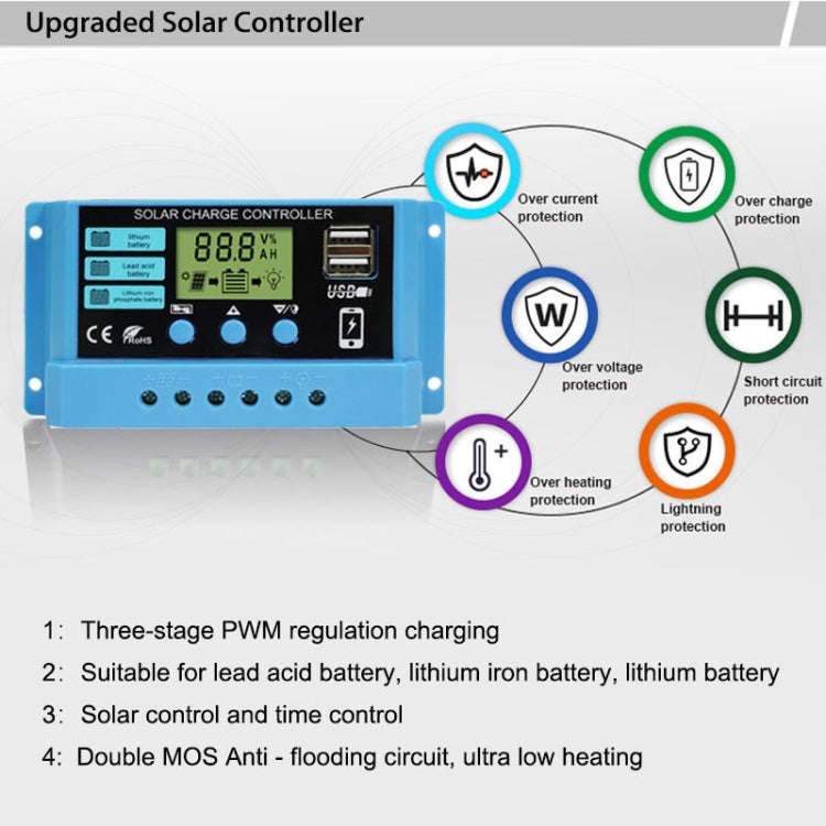 10A Solar Charge Controller 12V / 24V Lithium Lead-Acid Battery Charge Discharge PV Controller, 10A