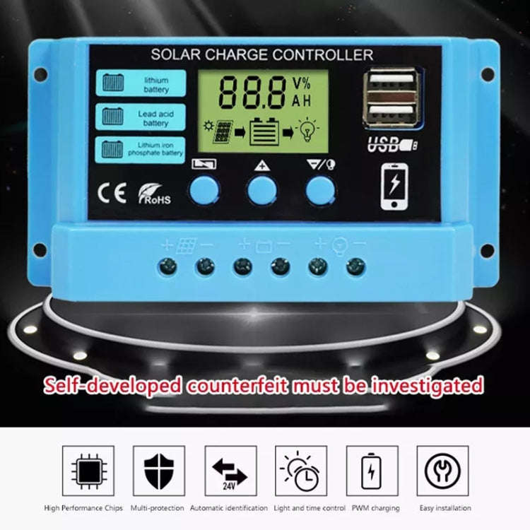 20A Solar Charge Controller 12V / 24V Lithium Lead-Acid Battery Charge Discharge PV Controller, 20A