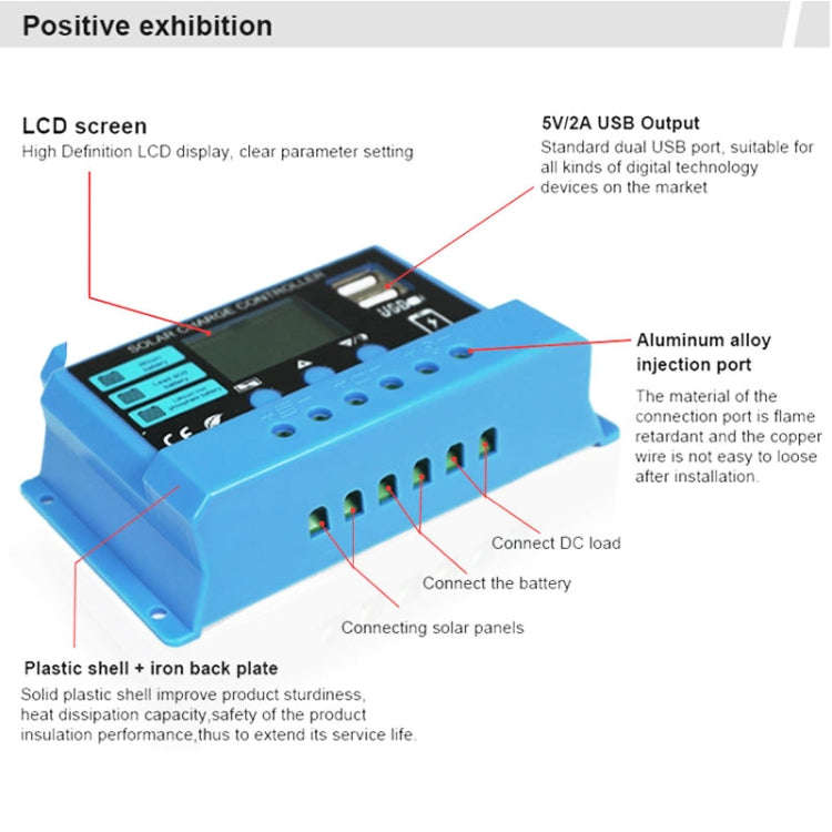 30A Solar Charge Controller 12V / 24V Lithium Lead-Acid Battery Charge Discharge PV Controller, 30A