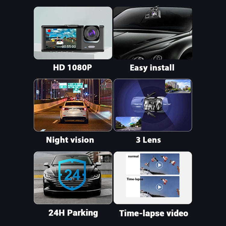 A1 3-lens Video HD Night Vision Car Driving Recorder, with Rear View Camera, A1