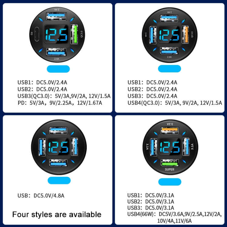 4 in 1 USB 66W Digital Display Car Super Fast Charger, 66W