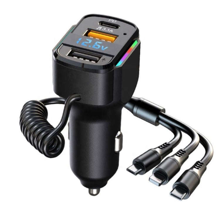 K4 Car 3 in 1 PD + USB Dual Port Fast Charger with Spring Data Cable, K4