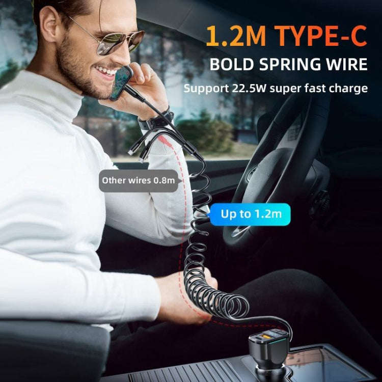 K4 Car 3 in 1 PD + USB Dual Port Fast Charger with Spring Data Cable, K4