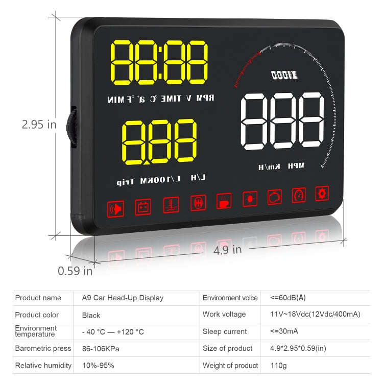 A9 5.5 inch Universal Car OBD2 HUD Vehicle-mounted Head Up Display, A9(Blue), A9(Yellow)