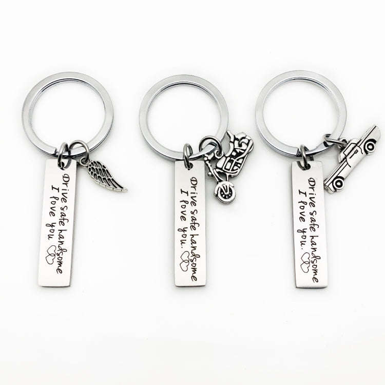 Creative Drive Safe Handsome Words Stainless Steel Keychain Key Rings, Wing Shape, Motorcycle Sha...