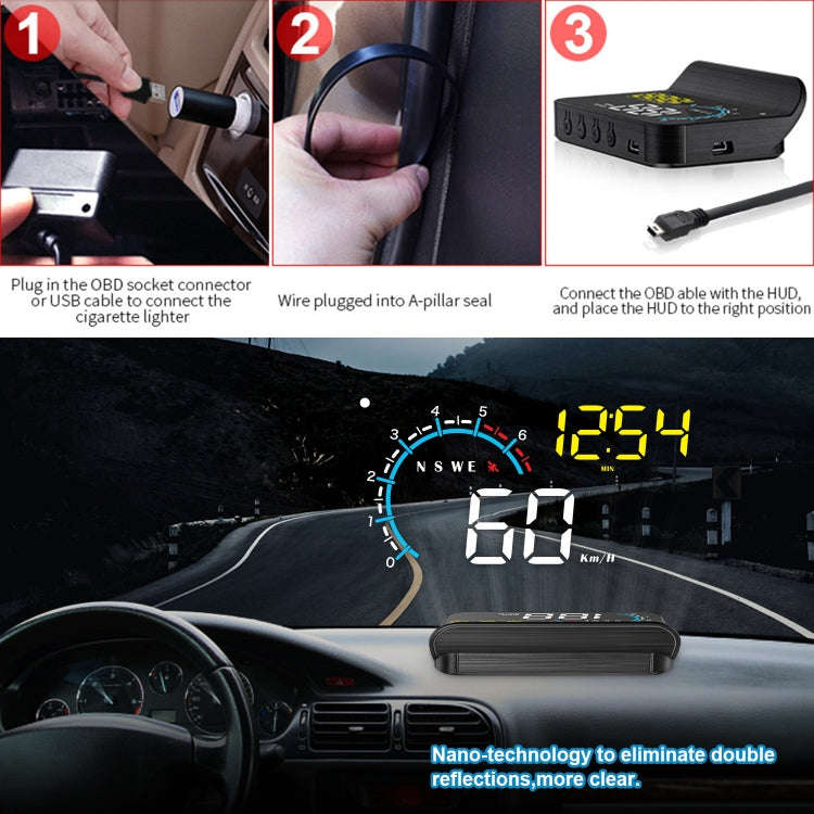 M12 OBD2 + GPS Mode Car Head-up Display HUD Overspeed / Speed / Water Temperature / Low Voltage /...