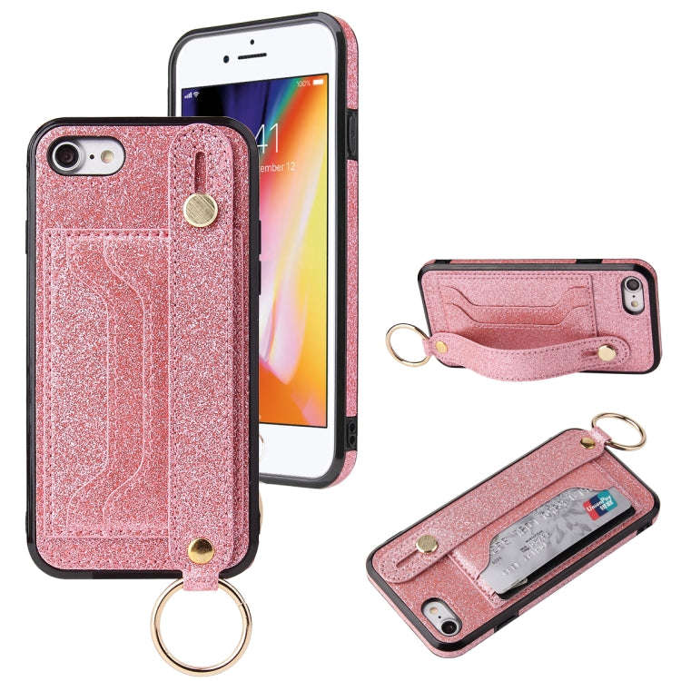 Glitter Powder PU+TPU Shockproof Protective Case with Holder & Card Slots & Wrist Strap, For iPho...