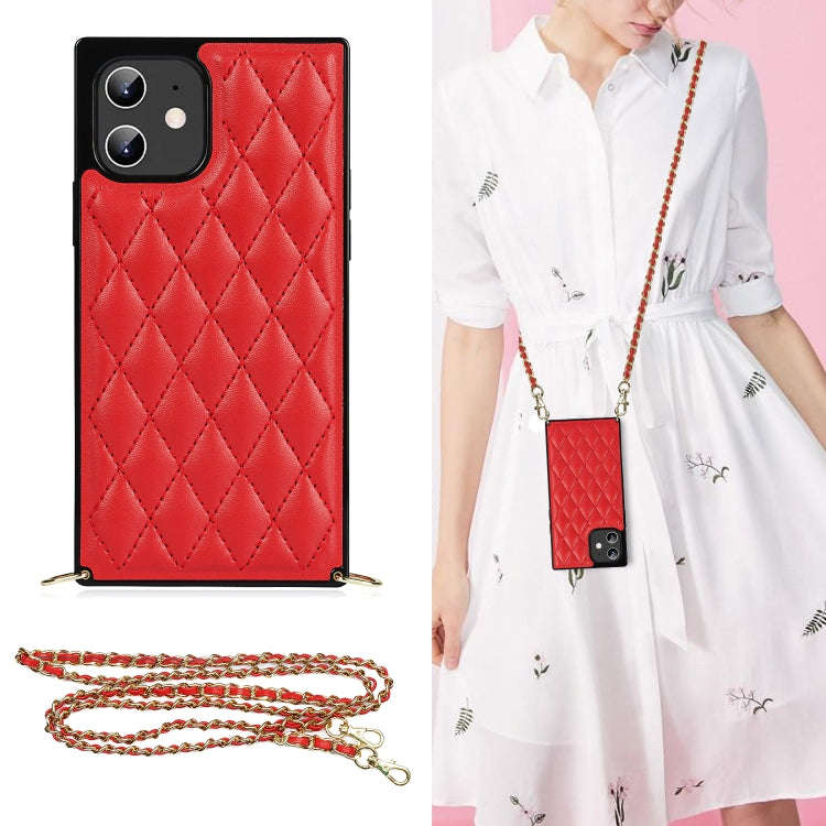 Elegant Rhombic Pattern Microfiber Leather +TPU Shockproof Case with Crossbody Strap Chain, For i...
