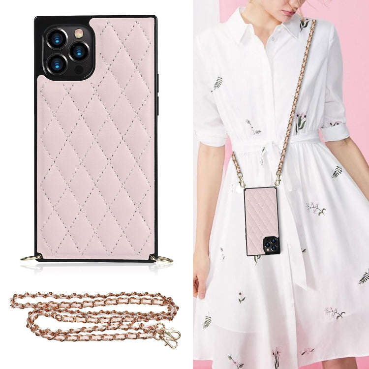 Elegant Rhombic Pattern Microfiber Leather +TPU Shockproof Case with Crossbody Strap Chain, For i...
