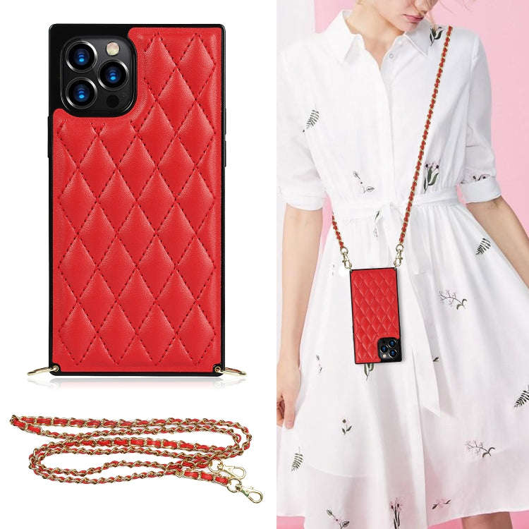 Elegant Rhombic Pattern Microfiber Leather +TPU Shockproof Case with Crossbody Strap Chain, For i...