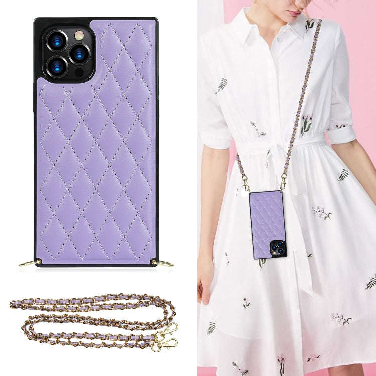 Elegant Rhombic Pattern Microfiber Leather +TPU Shockproof Case with Crossbody Strap Chain, For i...