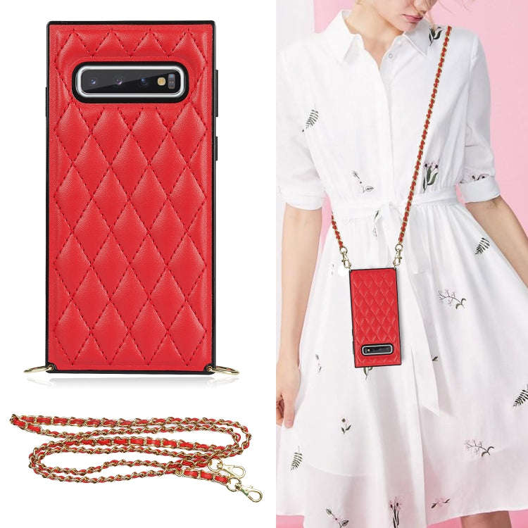 Elegant Rhombic Pattern Microfiber Leather +TPU Shockproof Case with Crossbody Strap Chain, For S...