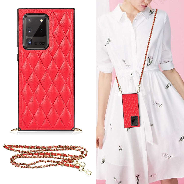 Elegant Rhombic Pattern Microfiber Leather +TPU Shockproof Case with Crossbody Strap Chain, For S...