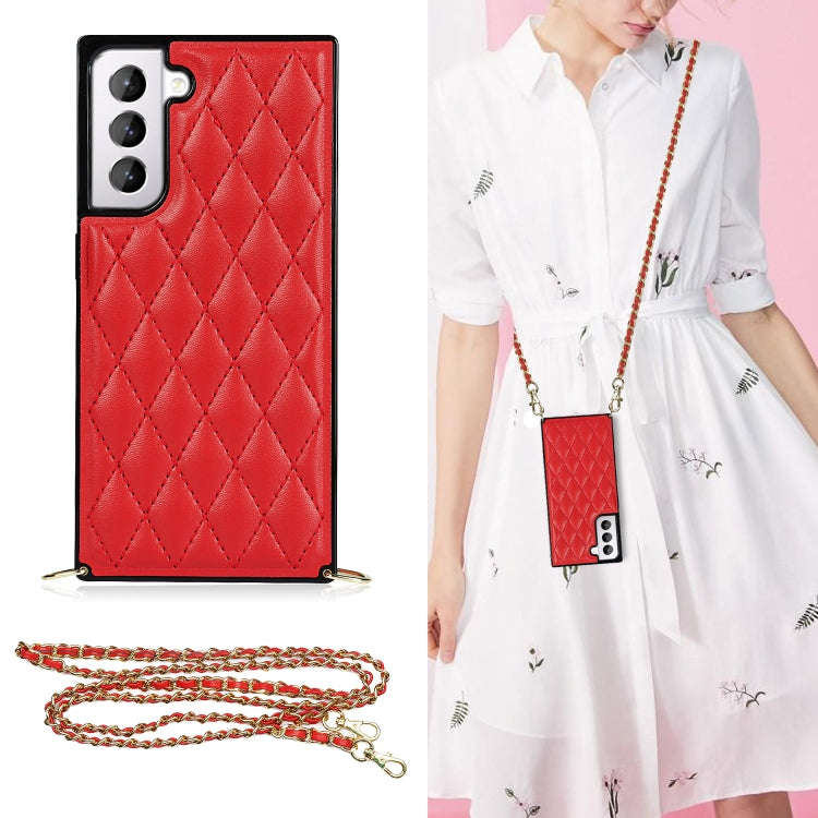 Elegant Rhombic Pattern Microfiber Leather +TPU Shockproof Case with Crossbody Strap Chain, For S...