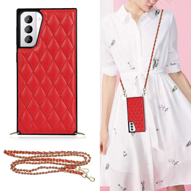 Elegant Rhombic Pattern Microfiber Leather +TPU Shockproof Case with Crossbody Strap Chain, For S...