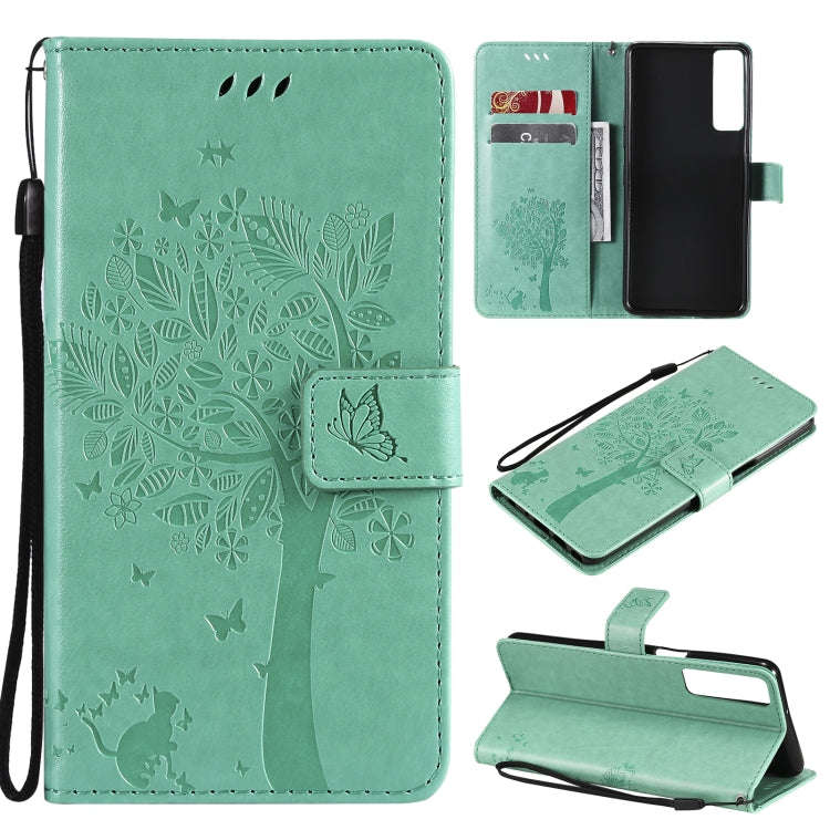 Tree & Cat Pattern Pressed Printing Horizontal Flip PU Leather Case with Holder & Card Slots & Wa...