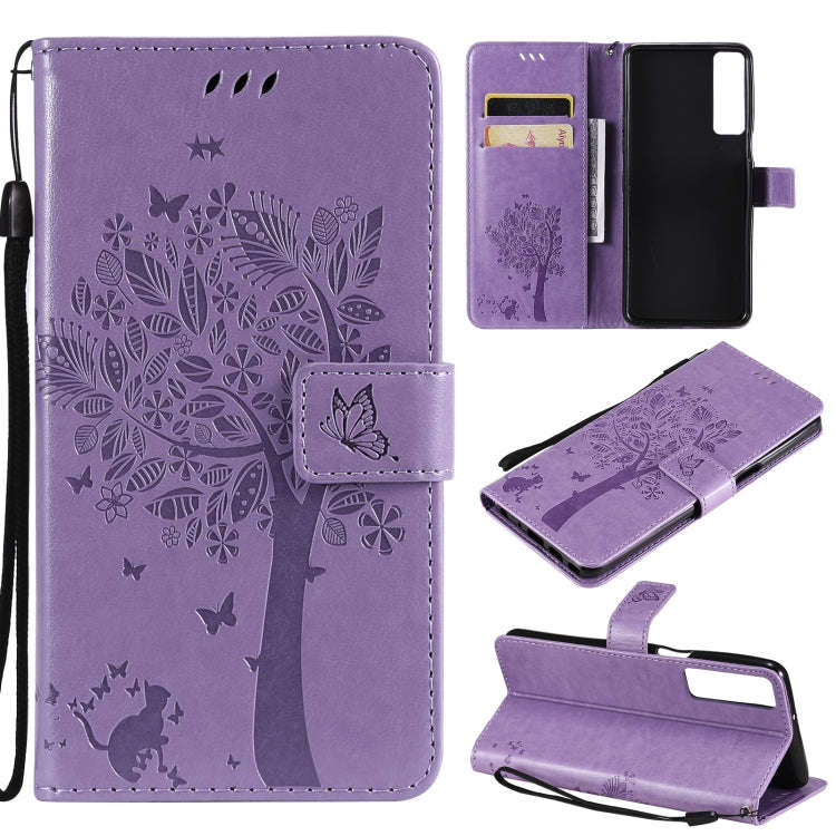 Tree & Cat Pattern Pressed Printing Horizontal Flip PU Leather Case with Holder & Card Slots & Wa...