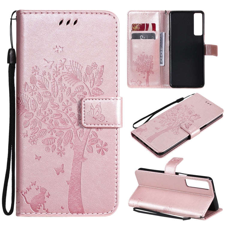 Tree & Cat Pattern Pressed Printing Horizontal Flip PU Leather Case with Holder & Card Slots & Wa...