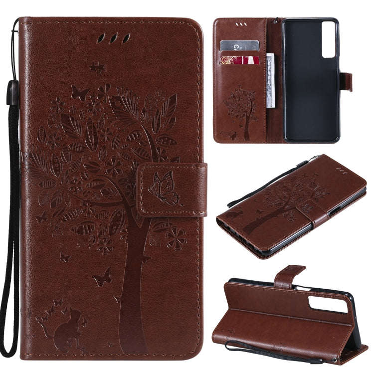 Tree & Cat Pattern Pressed Printing Horizontal Flip PU Leather Case with Holder & Card Slots & Wa...