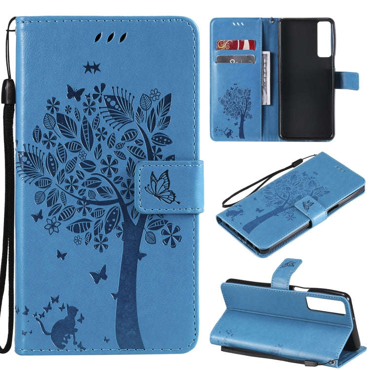 Tree & Cat Pattern Pressed Printing Horizontal Flip PU Leather Case with Holder & Card Slots & Wa...