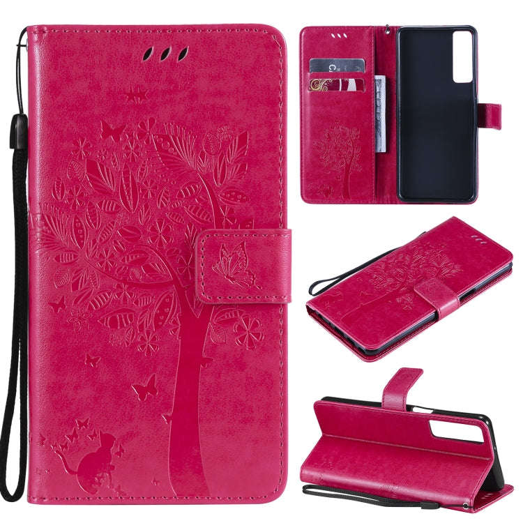 Tree & Cat Pattern Pressed Printing Horizontal Flip PU Leather Case with Holder & Card Slots & Wa...