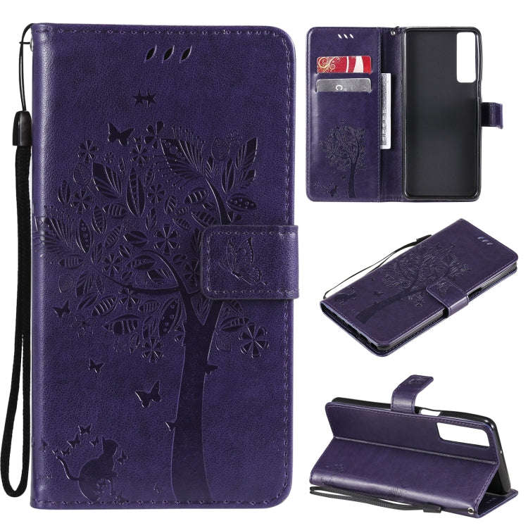 Tree & Cat Pattern Pressed Printing Horizontal Flip PU Leather Case with Holder & Card Slots & Wa...