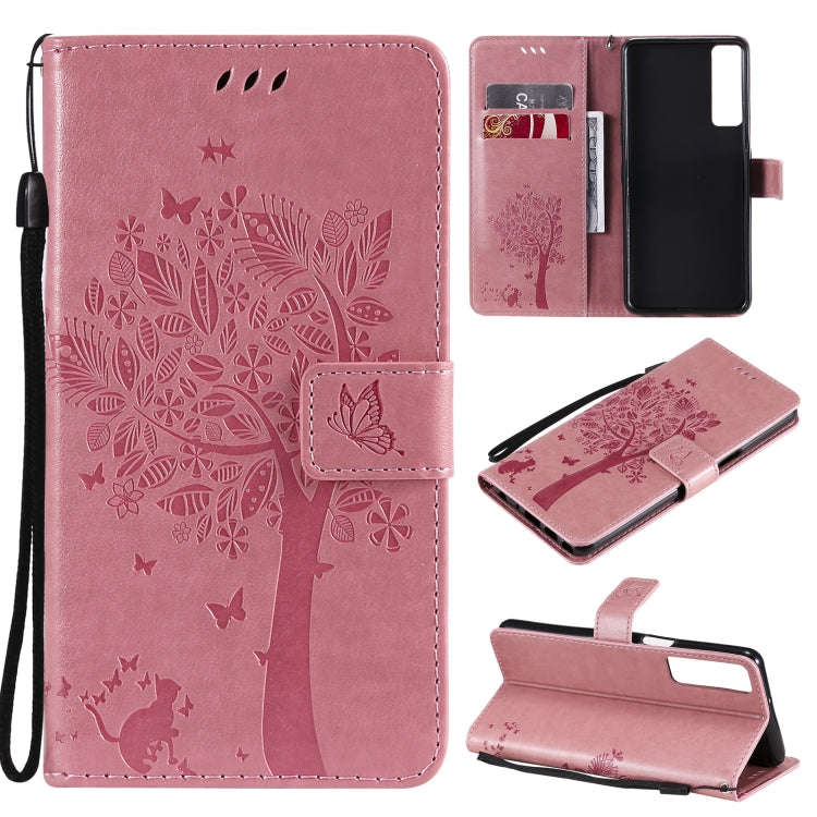 Tree & Cat Pattern Pressed Printing Horizontal Flip PU Leather Case with Holder & Card Slots & Wa...