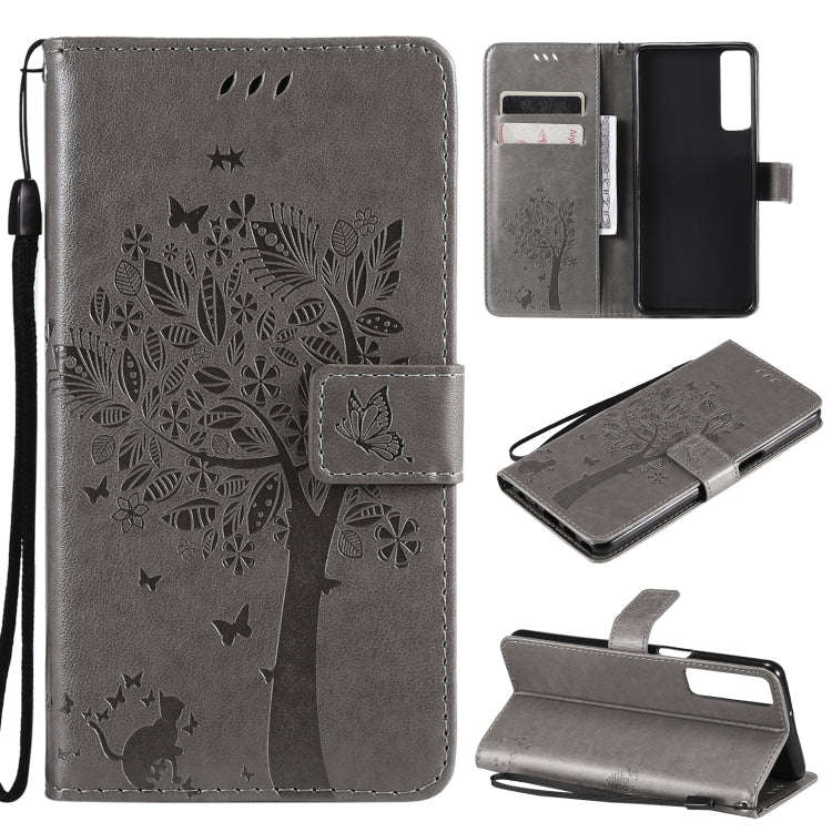 Tree & Cat Pattern Pressed Printing Horizontal Flip PU Leather Case with Holder & Card Slots & Wa...