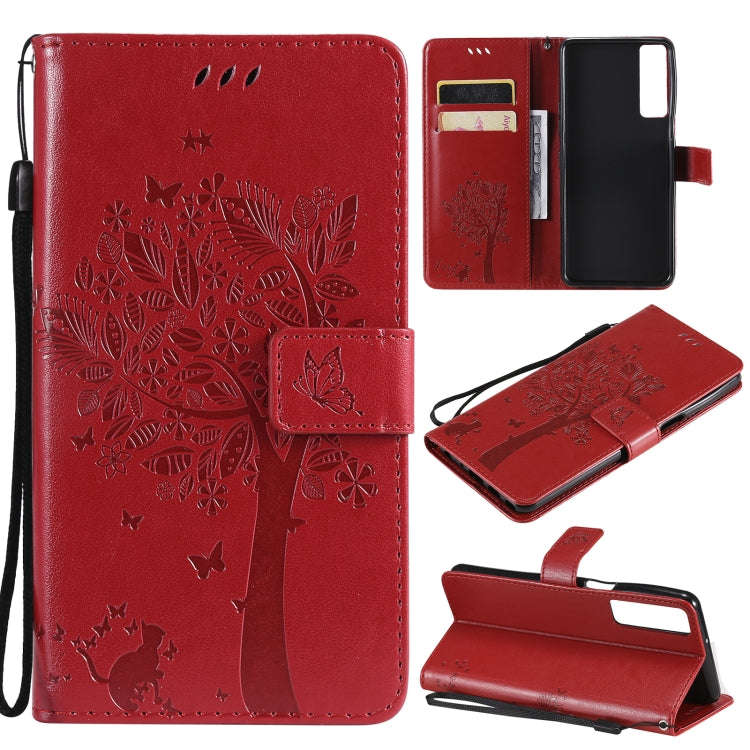 Tree & Cat Pattern Pressed Printing Horizontal Flip PU Leather Case with Holder & Card Slots & Wa...
