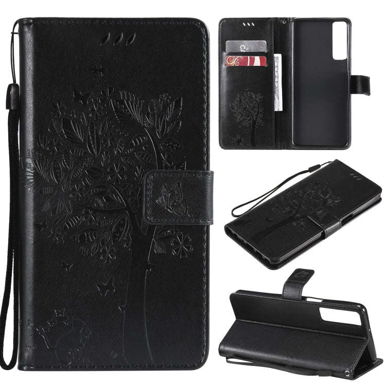 Tree & Cat Pattern Pressed Printing Horizontal Flip PU Leather Case with Holder & Card Slots & Wa...