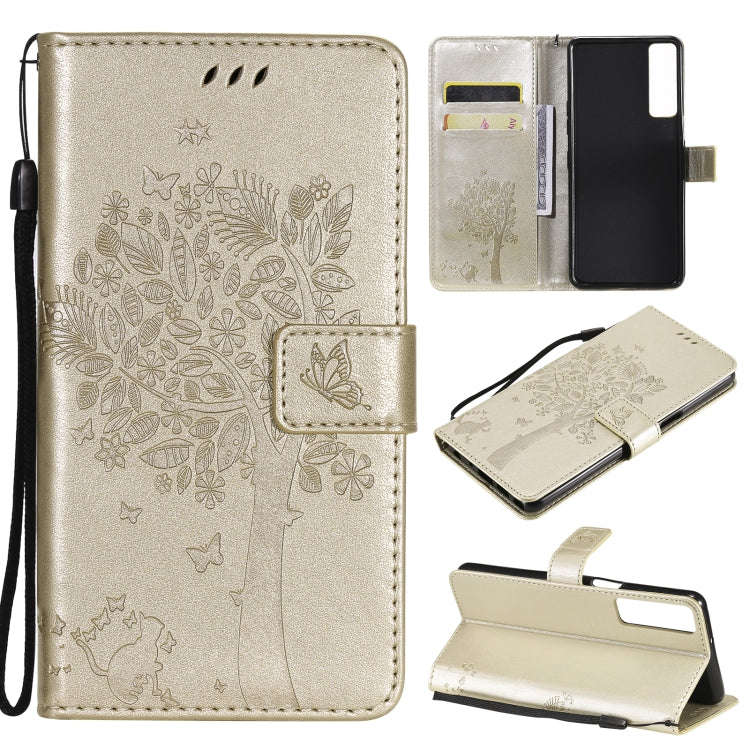 Tree & Cat Pattern Pressed Printing Horizontal Flip PU Leather Case with Holder & Card Slots & Wa...