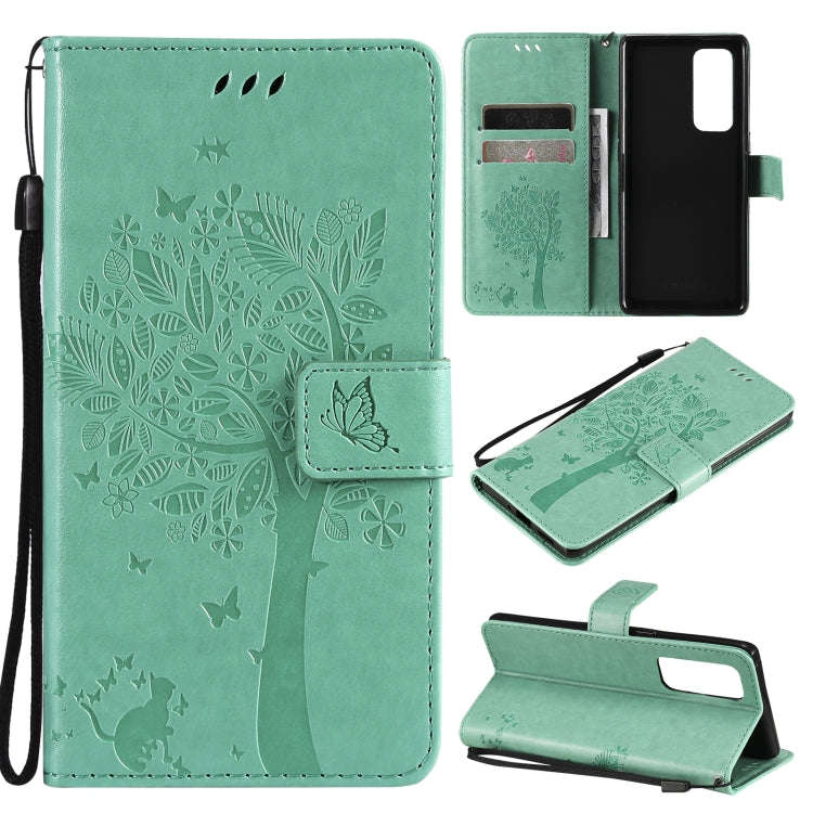 Tree & Cat Pattern Pressed Printing Horizontal Flip PU Leather Case with Holder & Card Slots & Wa...
