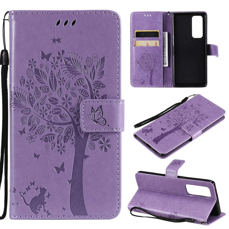 Tree & Cat Pattern Pressed Printing Horizontal Flip PU Leather Case with Holder & Card Slots & Wa...