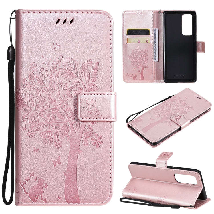 Tree & Cat Pattern Pressed Printing Horizontal Flip PU Leather Case with Holder & Card Slots & Wa...