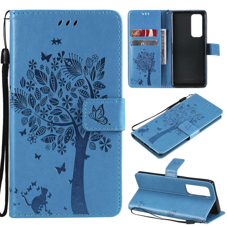 Tree & Cat Pattern Pressed Printing Horizontal Flip PU Leather Case with Holder & Card Slots & Wa...