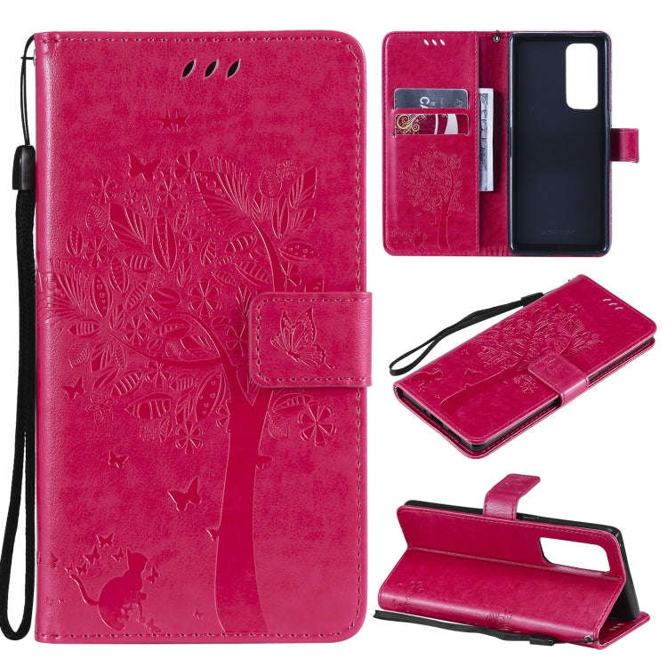 Tree & Cat Pattern Pressed Printing Horizontal Flip PU Leather Case with Holder & Card Slots & Wa...
