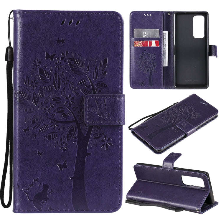Tree & Cat Pattern Pressed Printing Horizontal Flip PU Leather Case with Holder & Card Slots & Wa...