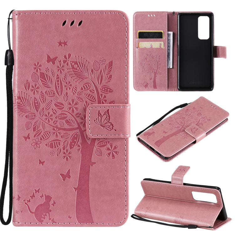 Tree & Cat Pattern Pressed Printing Horizontal Flip PU Leather Case with Holder & Card Slots & Wa...