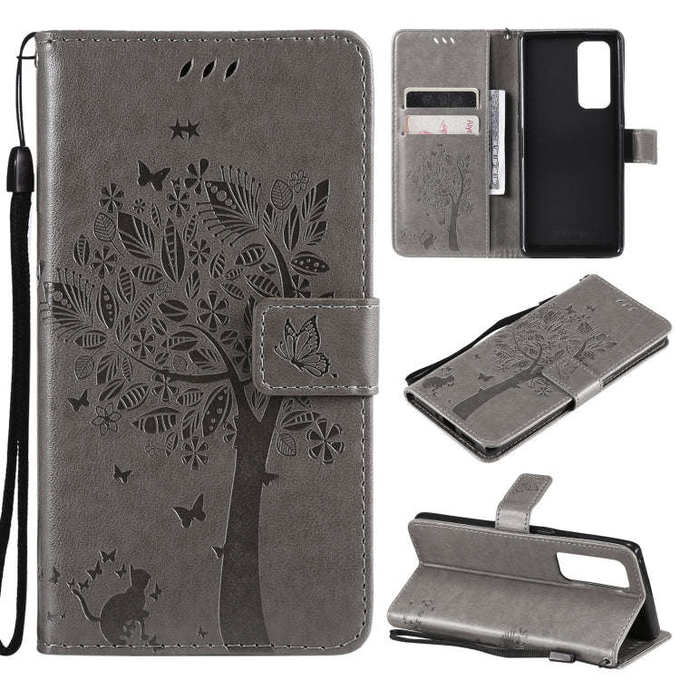 Tree & Cat Pattern Pressed Printing Horizontal Flip PU Leather Case with Holder & Card Slots & Wa...