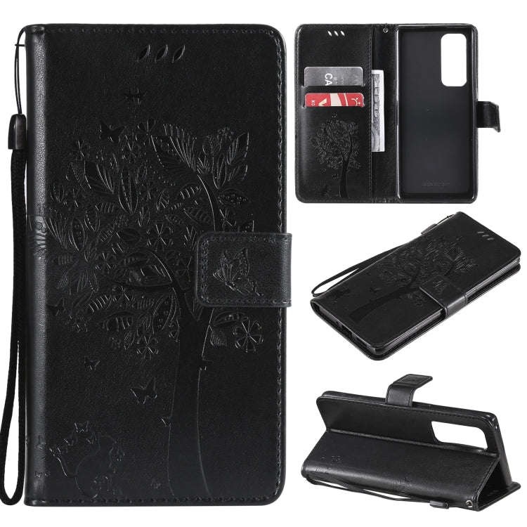Tree & Cat Pattern Pressed Printing Horizontal Flip PU Leather Case with Holder & Card Slots & Wa...