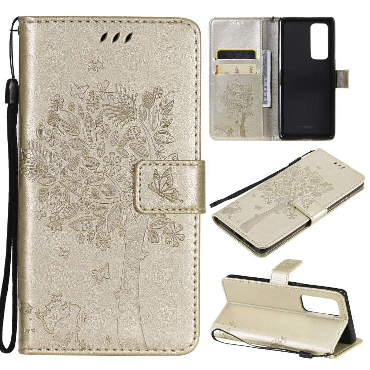 Tree & Cat Pattern Pressed Printing Horizontal Flip PU Leather Case with Holder & Card Slots & Wa...