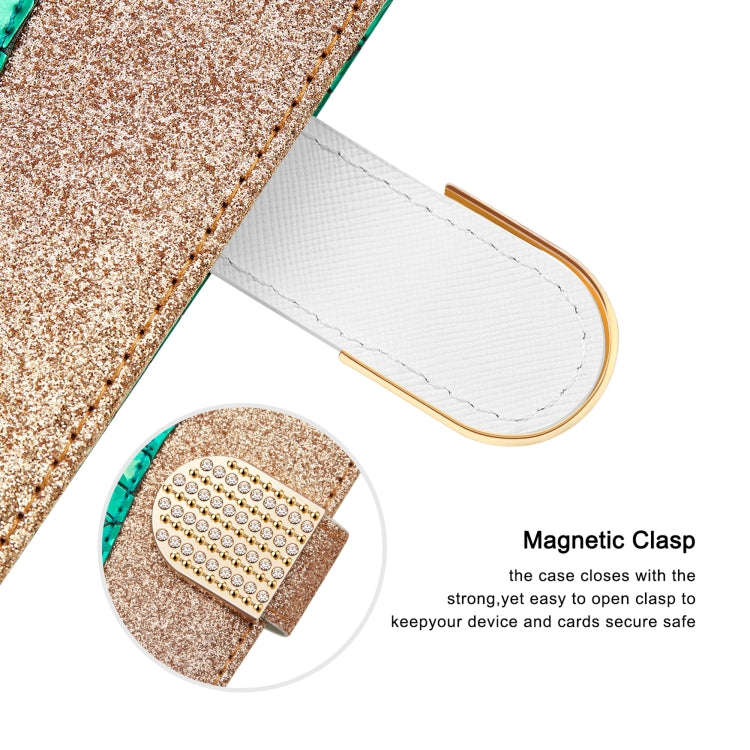 Laser Glitter Powder Matching Crocodile Texture Horizontal Flip Leather Case with Card Slots & Ho...