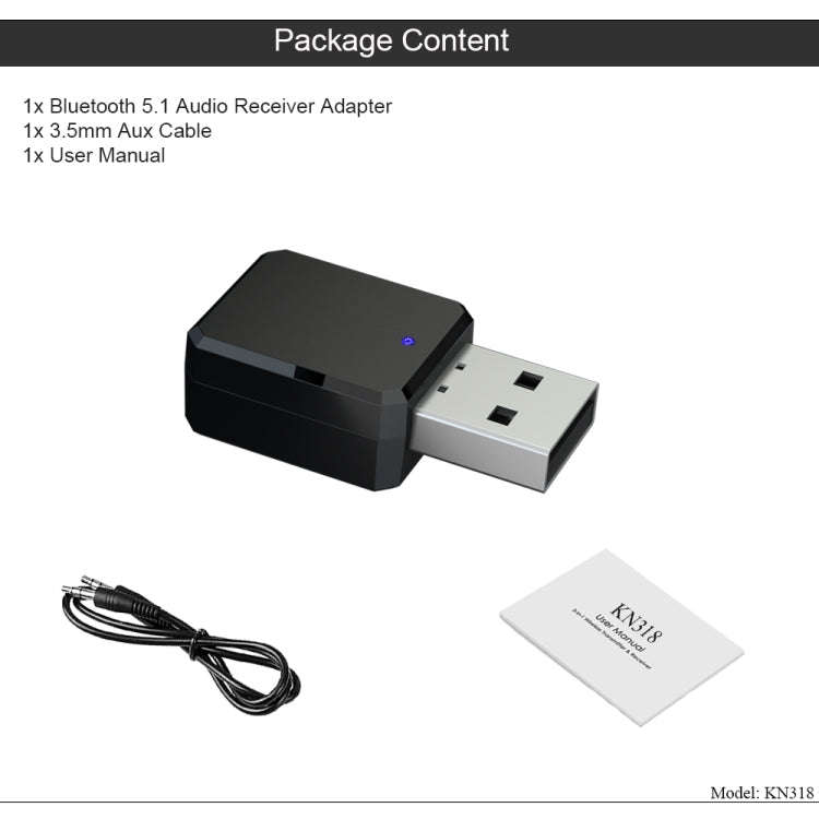 KN318 USB Bluetooth 5.1 Adapter Audio Receiver, KN318